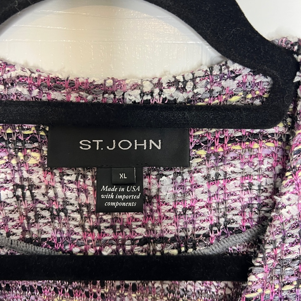 St. John Longline Tweed Fringe Knit Jacket Pink Purple Mix Size XL - Picture 2 of 6